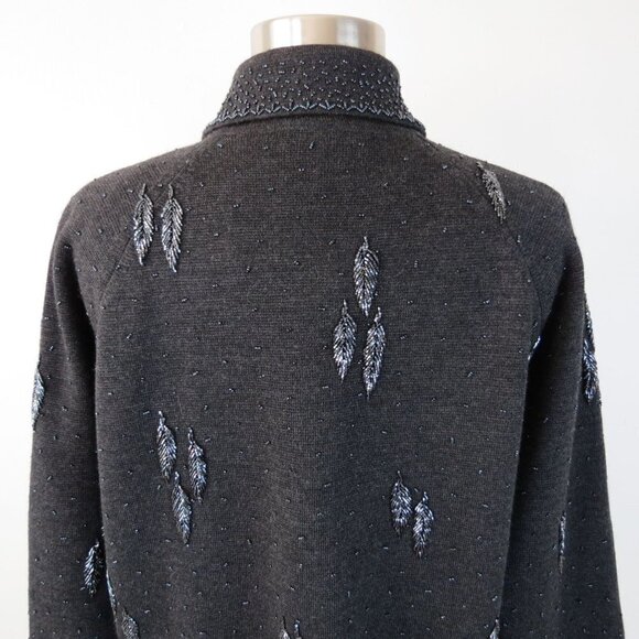 Vintage RENAISSANCE Women's Charcoal Gray Beaded Wool Cardigan Sweater 18 1/2 - Picture 7 of 8